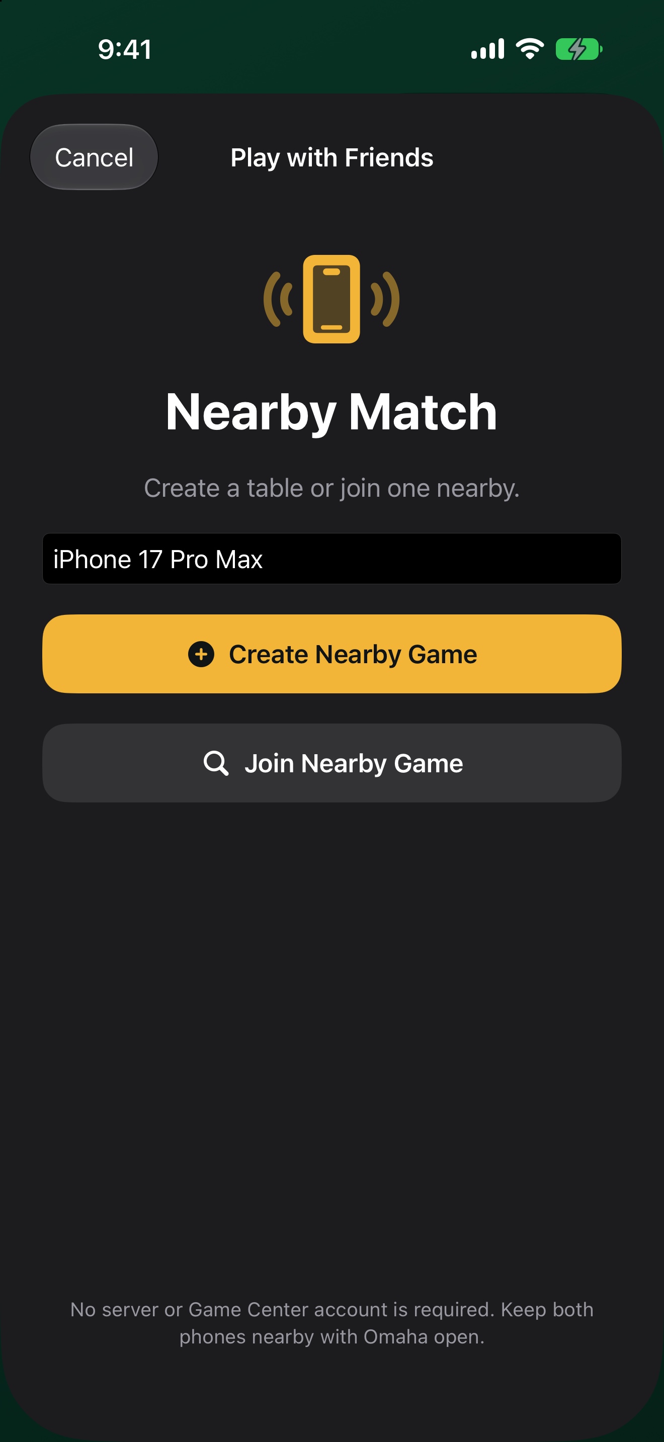 Nearby Match setup screen