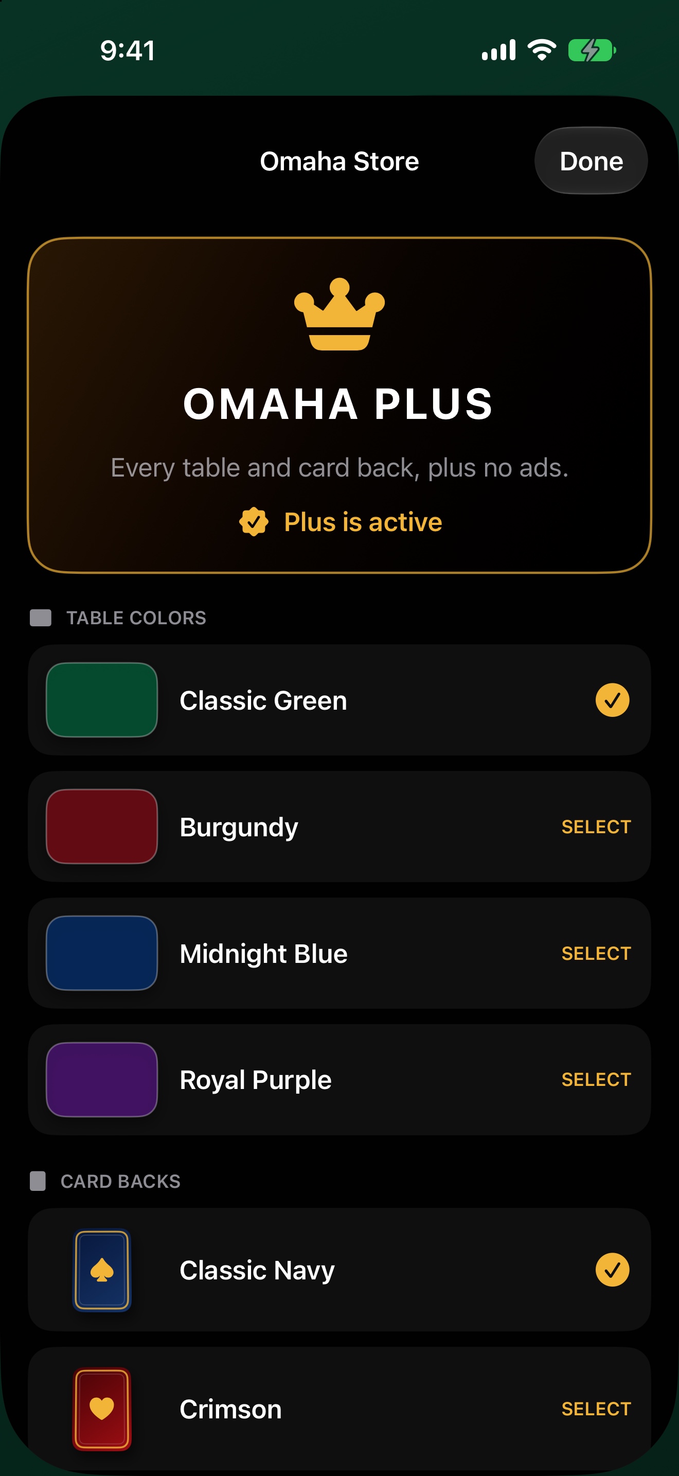 Omaha Plus table and card-back themes